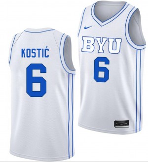 #6 Aleksej Kostic BYU Cougars White Mens Jerseys Replica College Basketball 179310-257